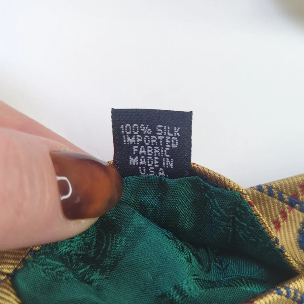 Tommy Hilfiger 90's Vintage Preppy Plaid Scattered Crest Logo Silk Neck Tie Tan
